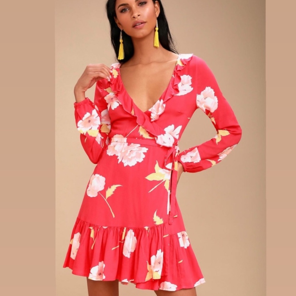 *SOLD* Billabong Coral Floral Ruffle Wrap Dress
